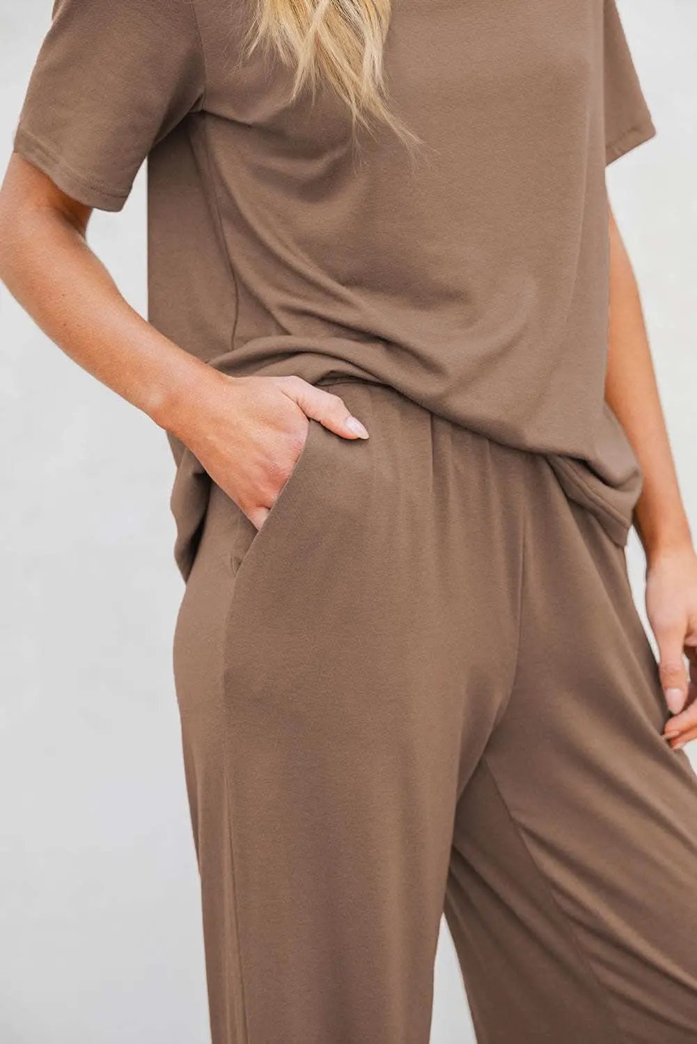 Smoke Gray Solid Color T Shirt 2pcs Wide Leg Pants Set - Love Salve